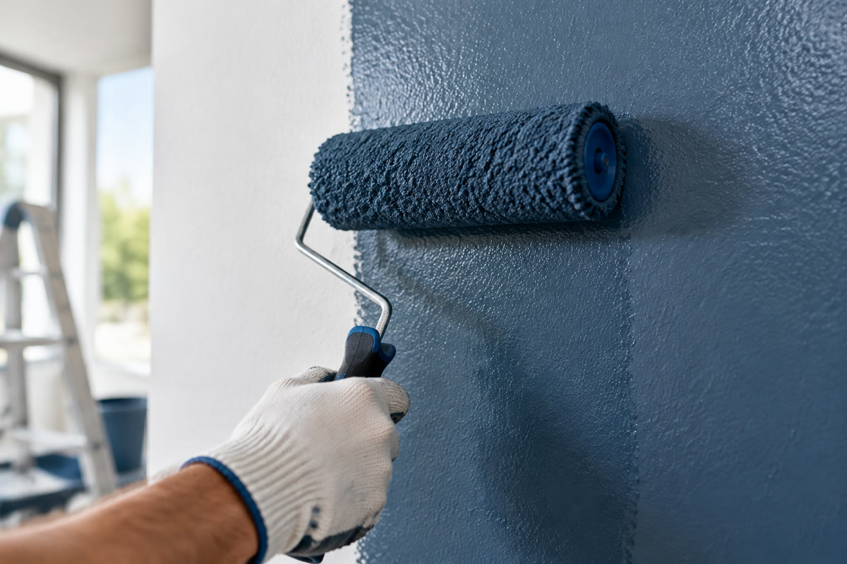 Farbwalze trägt sattes Blau auf eine frisch verputzte Wand auf (Detailaufnahme)